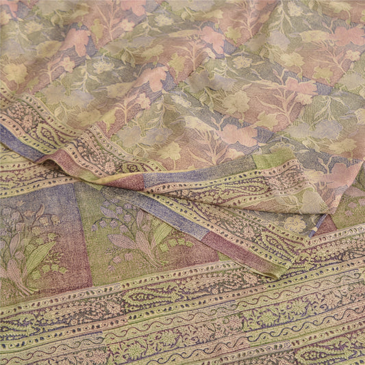 Sanskriti Vintage Sarees Multi Pure Crepe Silk Printed Sari 5yd Craft Fabric