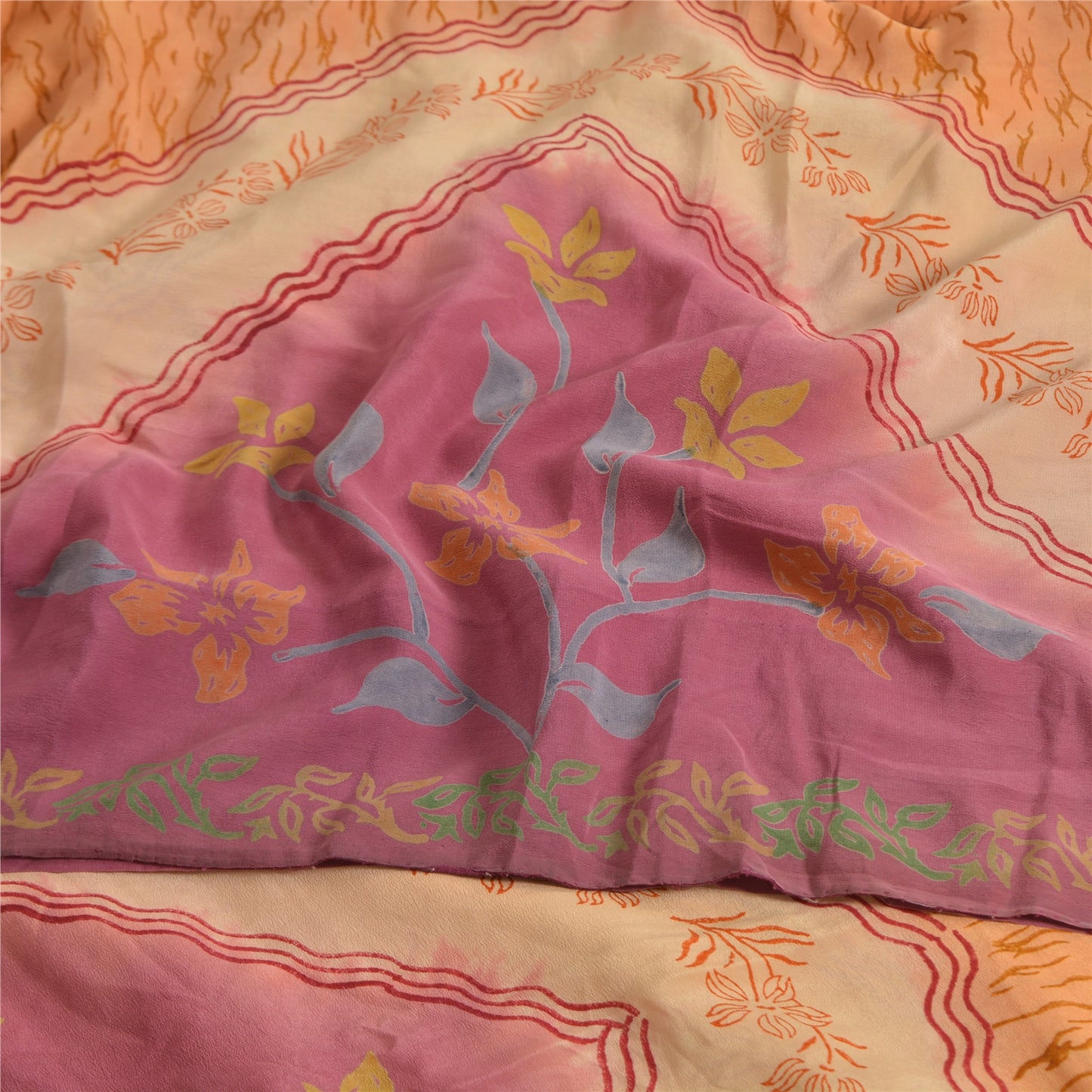 Sanskriti Vintage Sarees Saffron/Pink Pure Crepe Silk Printed Sari 5yd Fabric