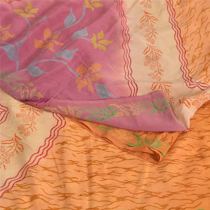 Sanskriti Vintage Sarees Saffron/Pink Pure Crepe Silk Printed Sari 5yd Fabric