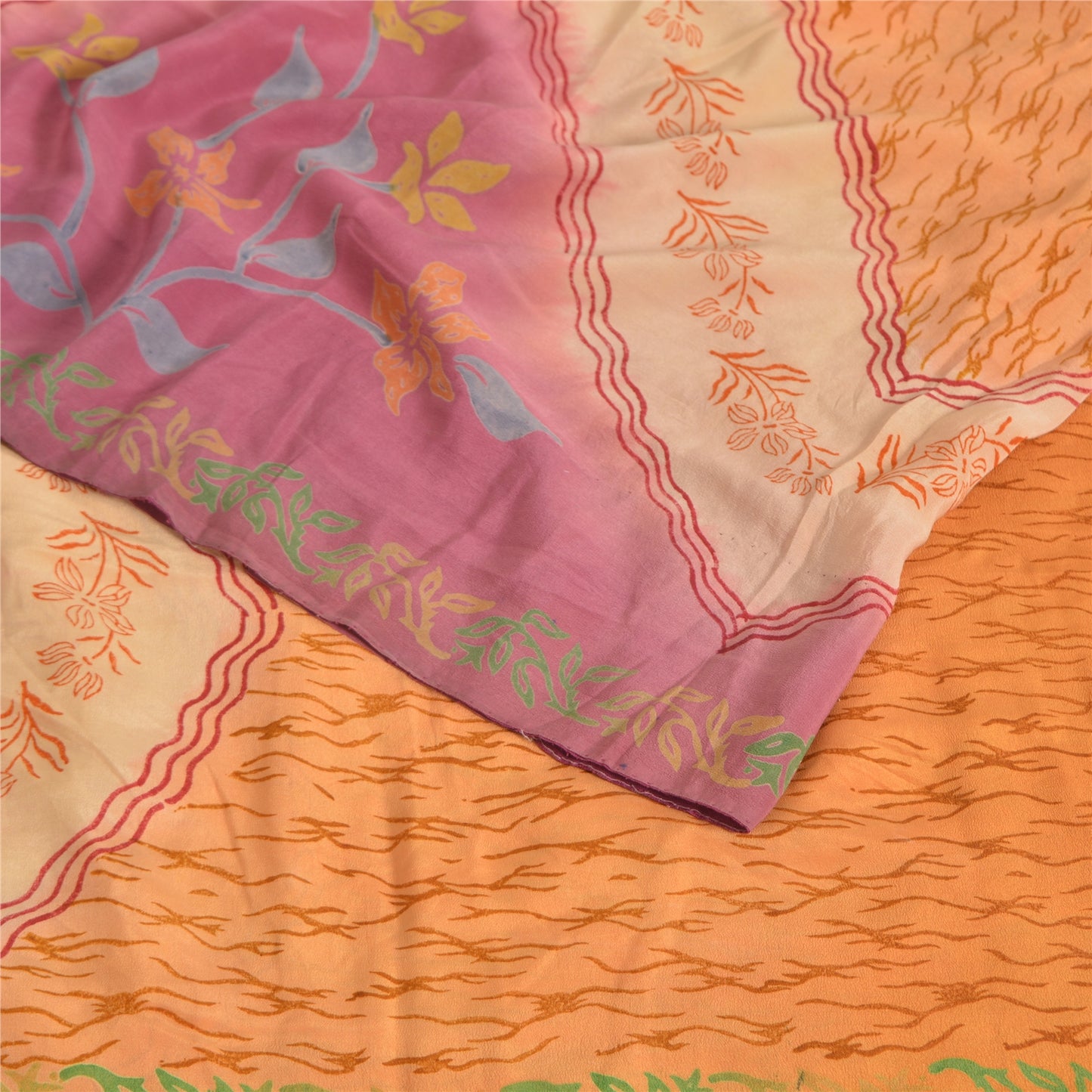 Sanskriti Vintage Sarees Saffron/Pink Pure Crepe Silk Printed Sari 5yd Fabric