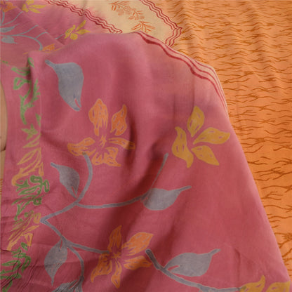 Sanskriti Vintage Sarees Saffron/Pink Pure Crepe Silk Printed Sari 5yd Fabric