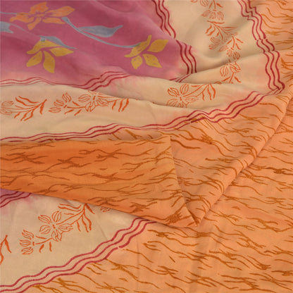 Sanskriti Vintage Sarees Saffron/Pink Pure Crepe Silk Printed Sari 5yd Fabric