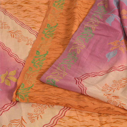 Sanskriti Vintage Sarees Saffron/Pink Pure Crepe Silk Printed Sari 5yd Fabric