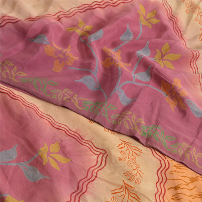 Sanskriti Vintage Sarees Saffron/Pink Pure Crepe Silk Printed Sari 5yd Fabric