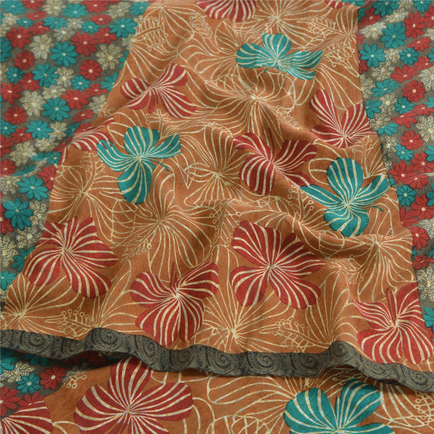 Sanskriti Vintage Sarees Multi Pure Crepe Silk Printed Sari 5yd Craft Fabric