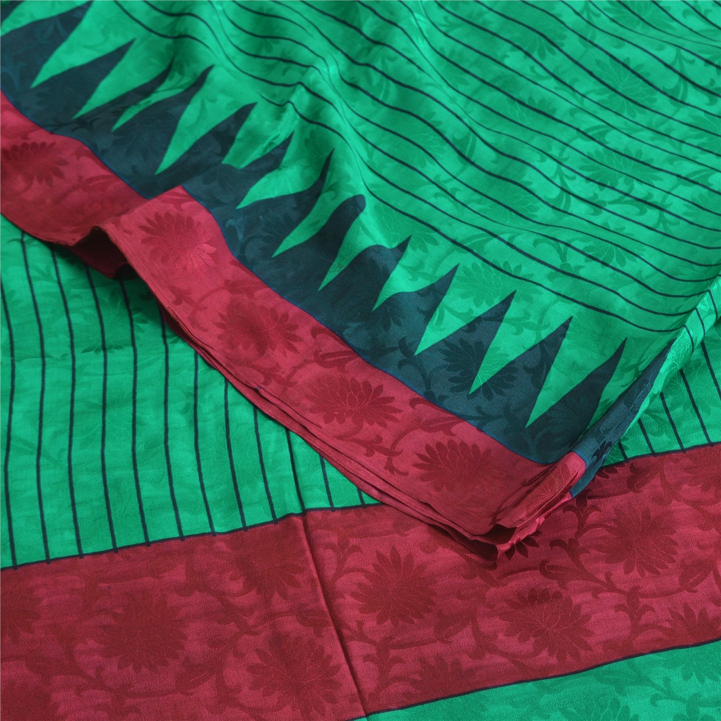 Sanskriti Vintage Sarees Green Pure Crepe Silk Printed Self Sari Craft Fabric