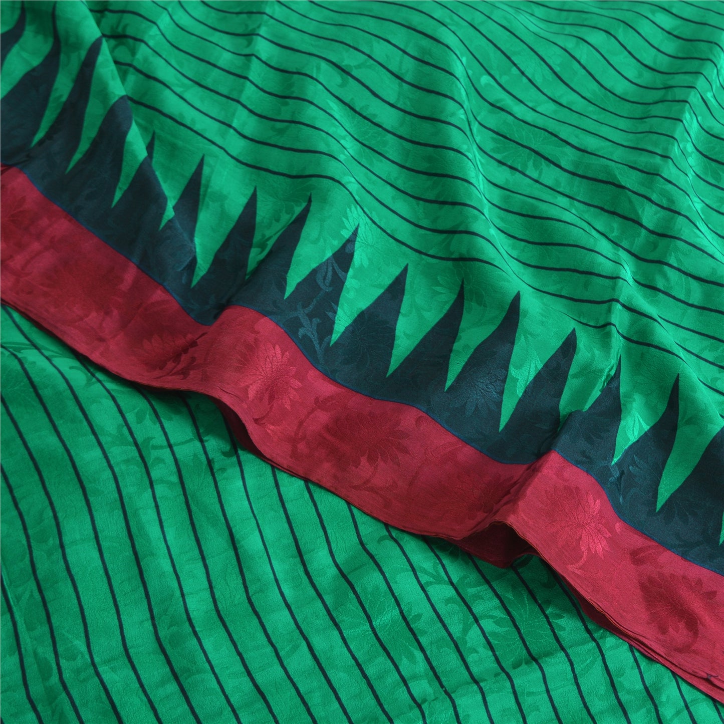 Sanskriti Vintage Sarees Green Pure Crepe Silk Printed Self Sari Craft Fabric