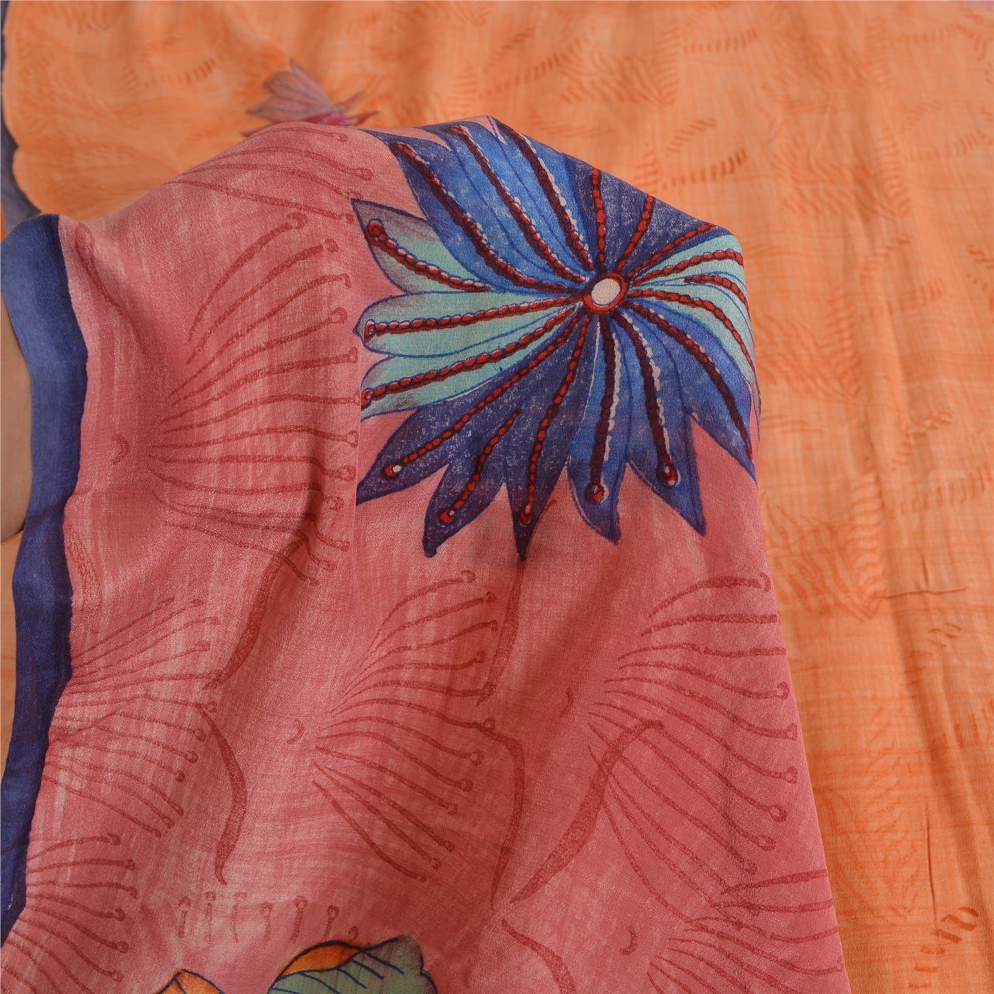 Sanskriti Vintage Sarees Orange Pure Crepe Silk Printed Sari 5yd Craft Fabric