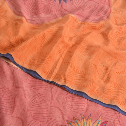 Sanskriti Vintage Sarees Orange Pure Crepe Silk Printed Sari 5yd Craft Fabric