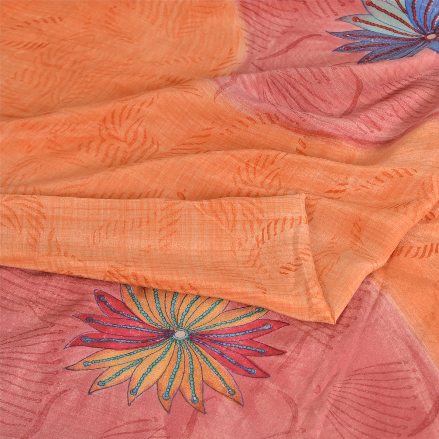 Sanskriti Vintage Sarees Orange Pure Crepe Silk Printed Sari 5yd Craft Fabric