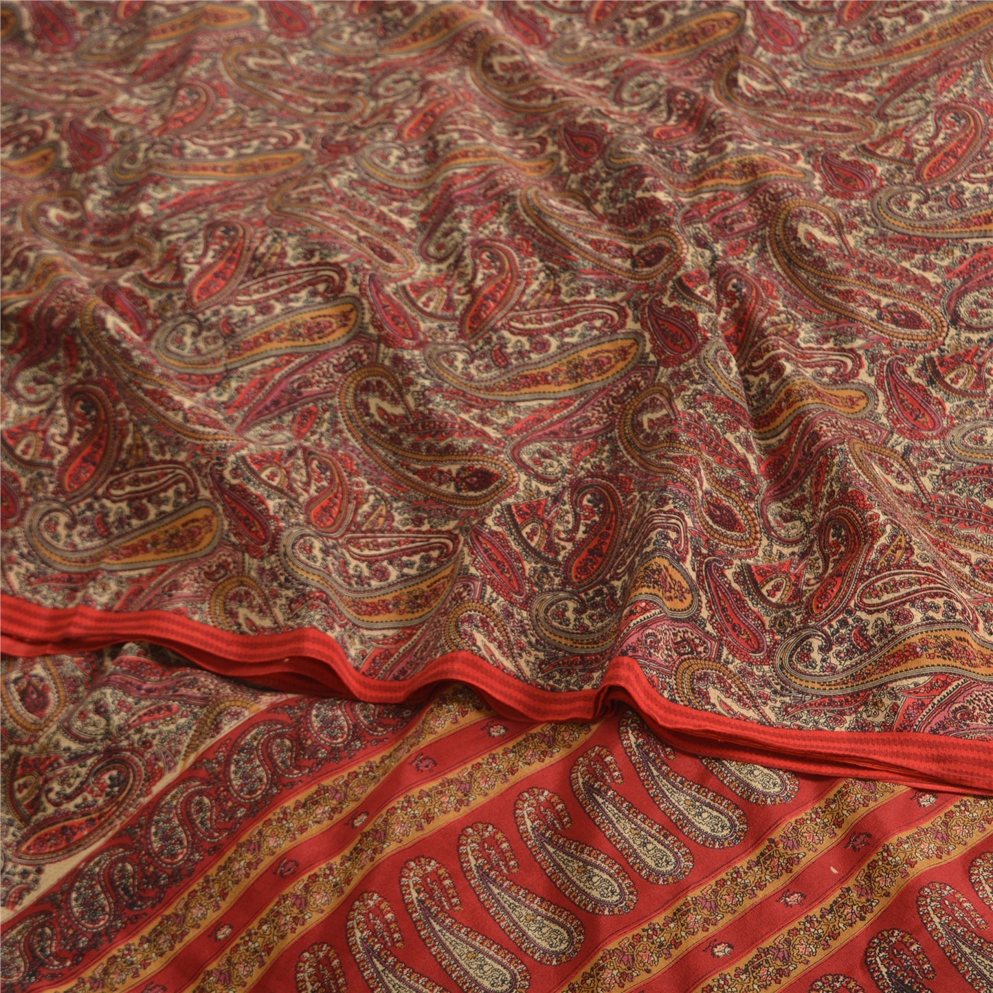 Sanskriti Vintage Sarees Red Pure Crepe Silk Paisley Printed Sari Craft Fabric