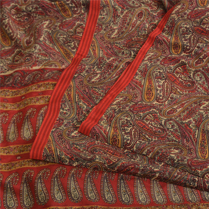 Sanskriti Vintage Sarees Red Pure Crepe Silk Paisley Printed Sari Craft Fabric