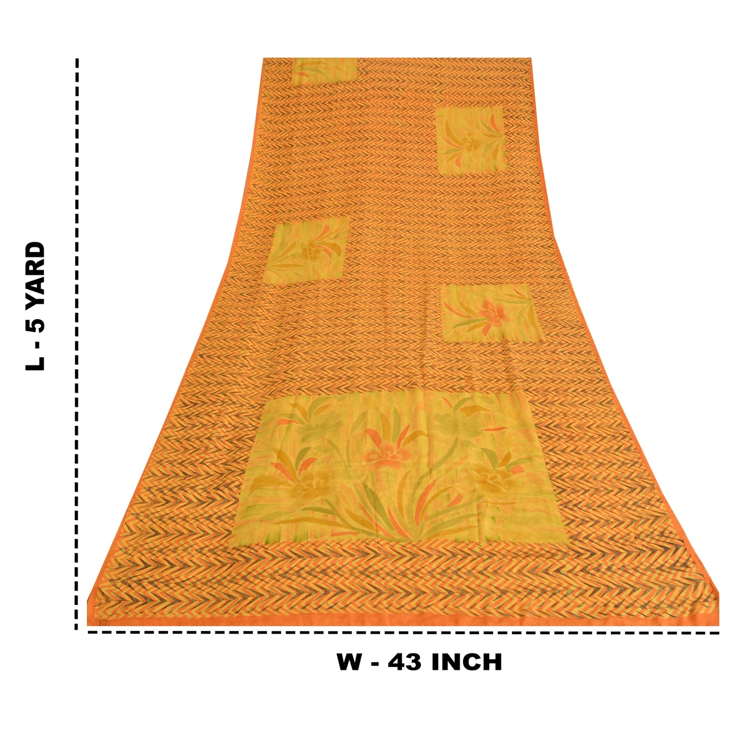 Sanskriti Vintage Sarees Yellow Pure Crepe Silk Printed Sari 5yd Craft Fabric