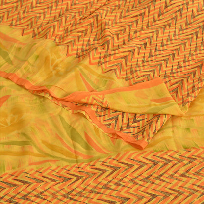 Sanskriti Vintage Sarees Yellow Pure Crepe Silk Printed Sari 5yd Craft Fabric