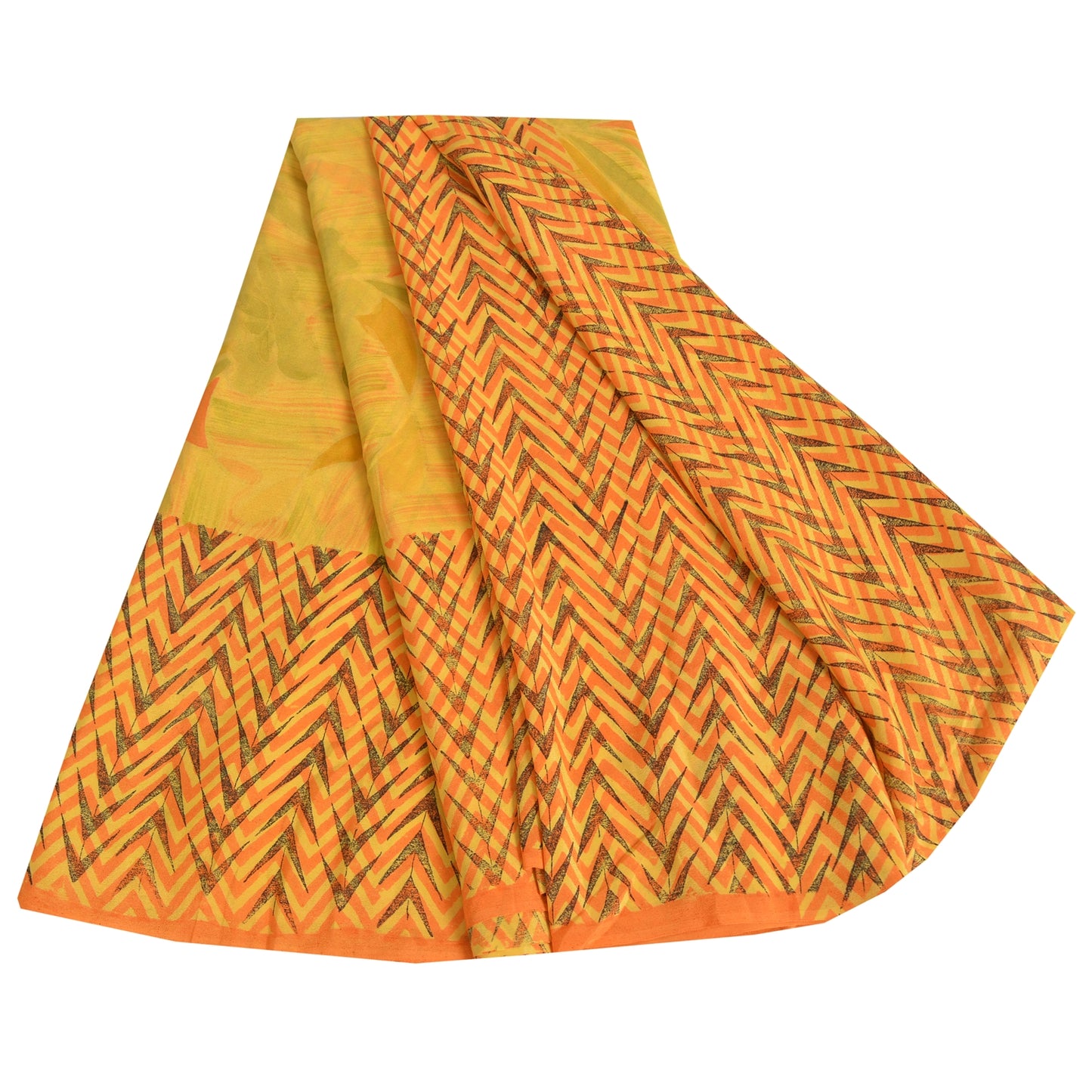 Sanskriti Vintage Sarees Yellow Pure Crepe Silk Printed Sari 5yd Craft Fabric