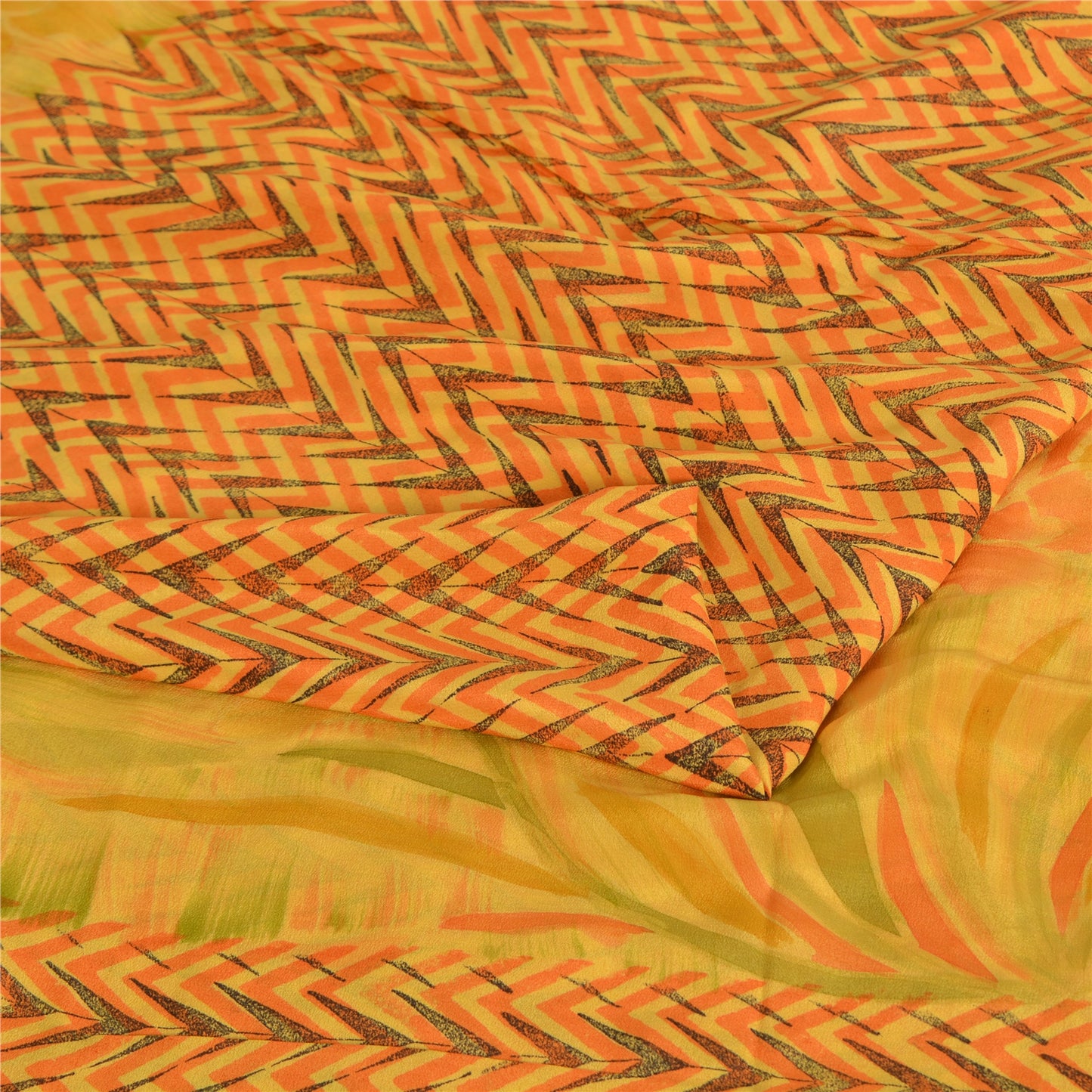 Sanskriti Vintage Sarees Yellow Pure Crepe Silk Printed Sari 5yd Craft Fabric