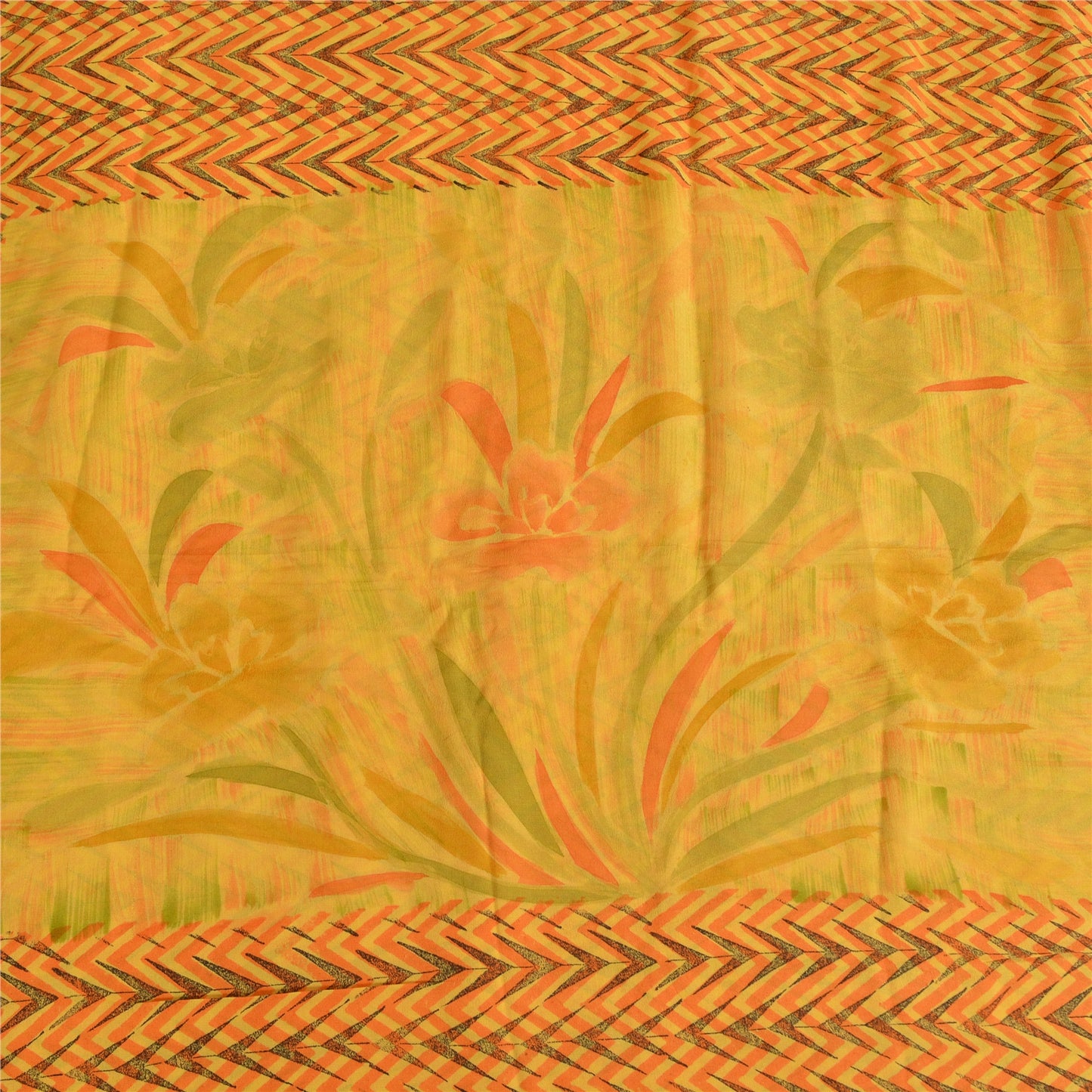 Sanskriti Vintage Sarees Yellow Pure Crepe Silk Printed Sari 5yd Craft Fabric