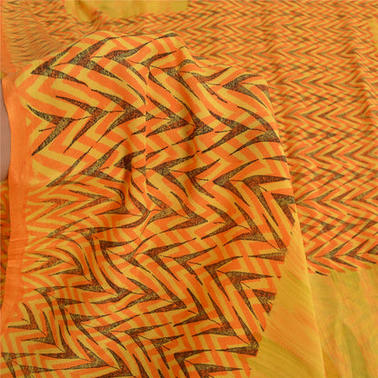 Sanskriti Vintage Sarees Yellow Pure Crepe Silk Printed Sari 5yd Craft Fabric