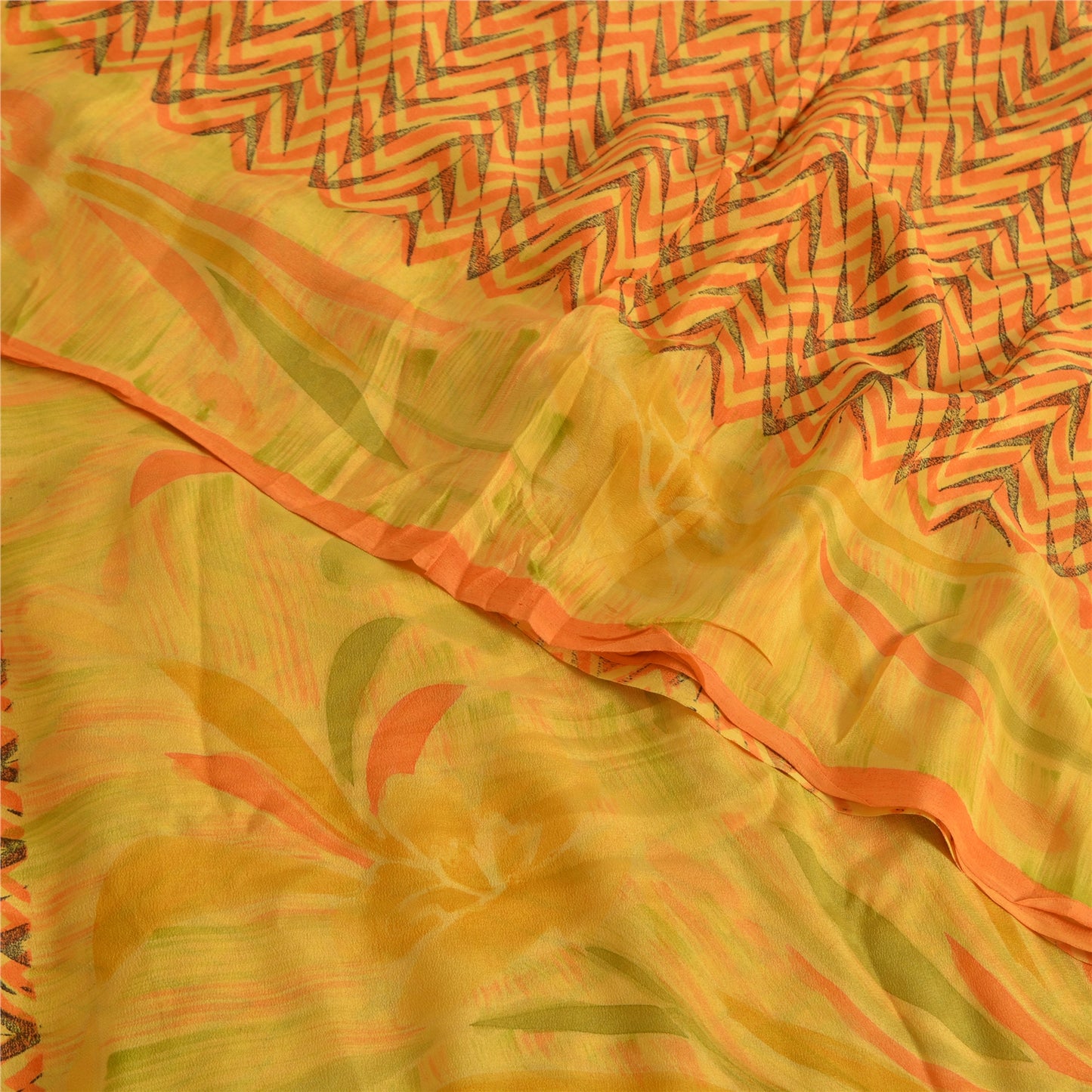 Sanskriti Vintage Sarees Yellow Pure Crepe Silk Printed Sari 5yd Craft Fabric