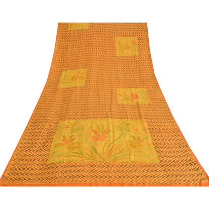 Sanskriti Vintage Sarees Yellow Pure Crepe Silk Printed Sari 5yd Craft Fabric