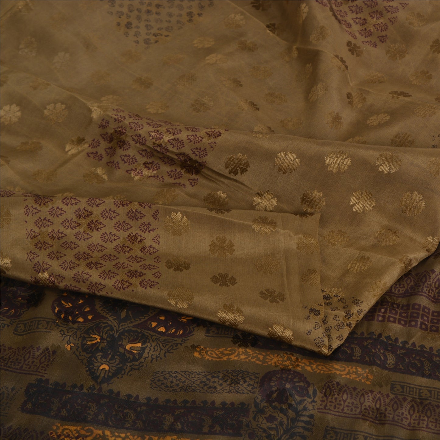 Sanskriti Vintage Sarees Brown Pure Crepe Silk Print/Woven Sari 6yd Fabric