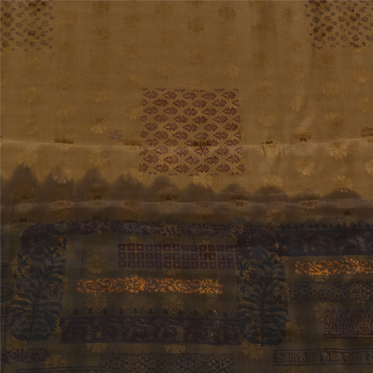 Sanskriti Vintage Sarees Brown Pure Crepe Silk Print/Woven Sari 6yd Fabric