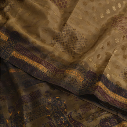 Sanskriti Vintage Sarees Brown Pure Crepe Silk Print/Woven Sari 6yd Fabric