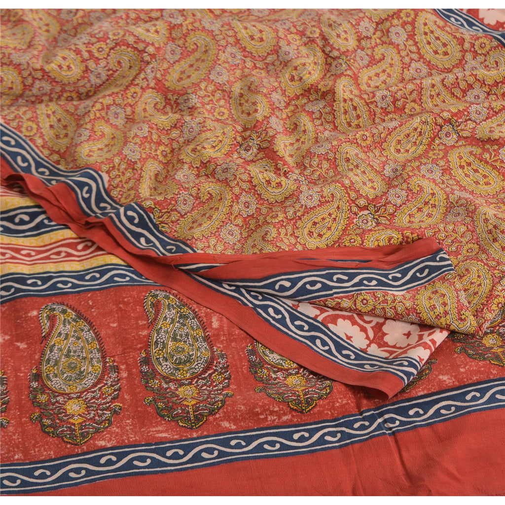 Sanskriti Vintage Sarees Red 100% Pure Crepe Silk Printed Sari 5yd Craft Fabric