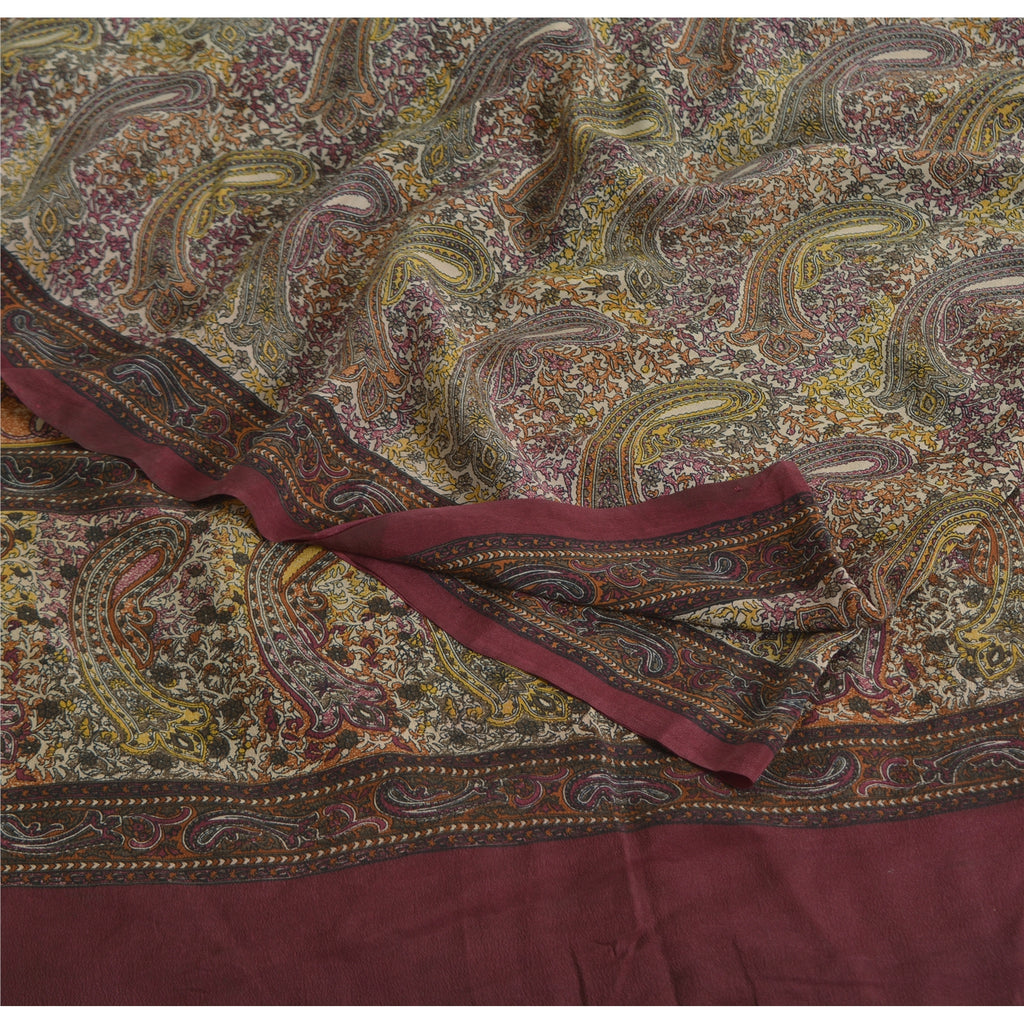 Sanskriti Vintage Sarees Cream Pure Crepe Silk Printed Sari Floral Craft Fabric