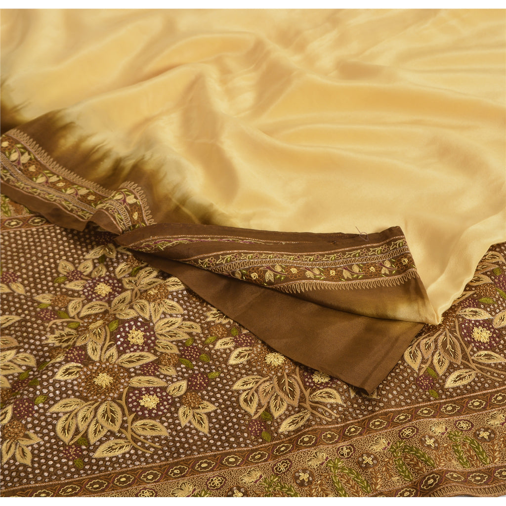 Sanskriti Vintage Sarees Cream Pure Crepe Silk Floral Printed Sari Craft Fabric