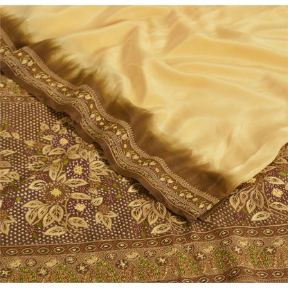 Sanskriti Vintage Sarees Cream Pure Crepe Silk Floral Printed Sari Craft Fabric