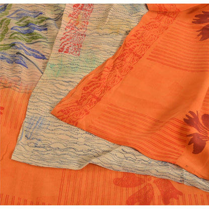 Sanskriti Vintage Sarees Ivory/Orange Pure Crepe Silk Print Sari Craft Fabric