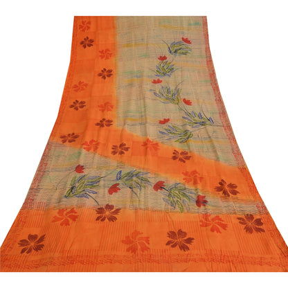 Sanskriti Vintage Sarees Ivory/Orange Pure Crepe Silk Print Sari Craft Fabric