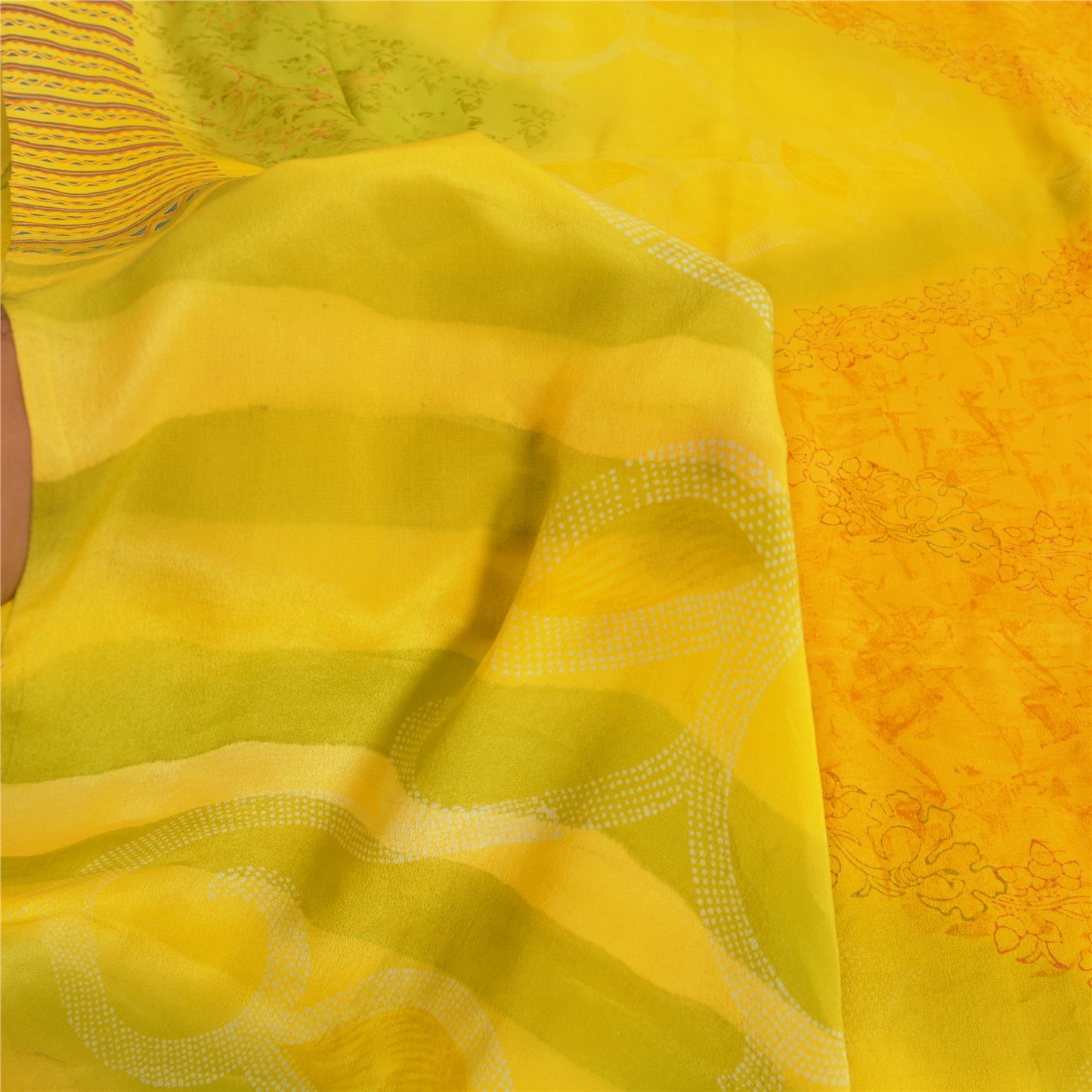 Sanskriti Vintage Sarees Yellow/Green Pure Crepe Printed Sari 5yd Craft Fabric