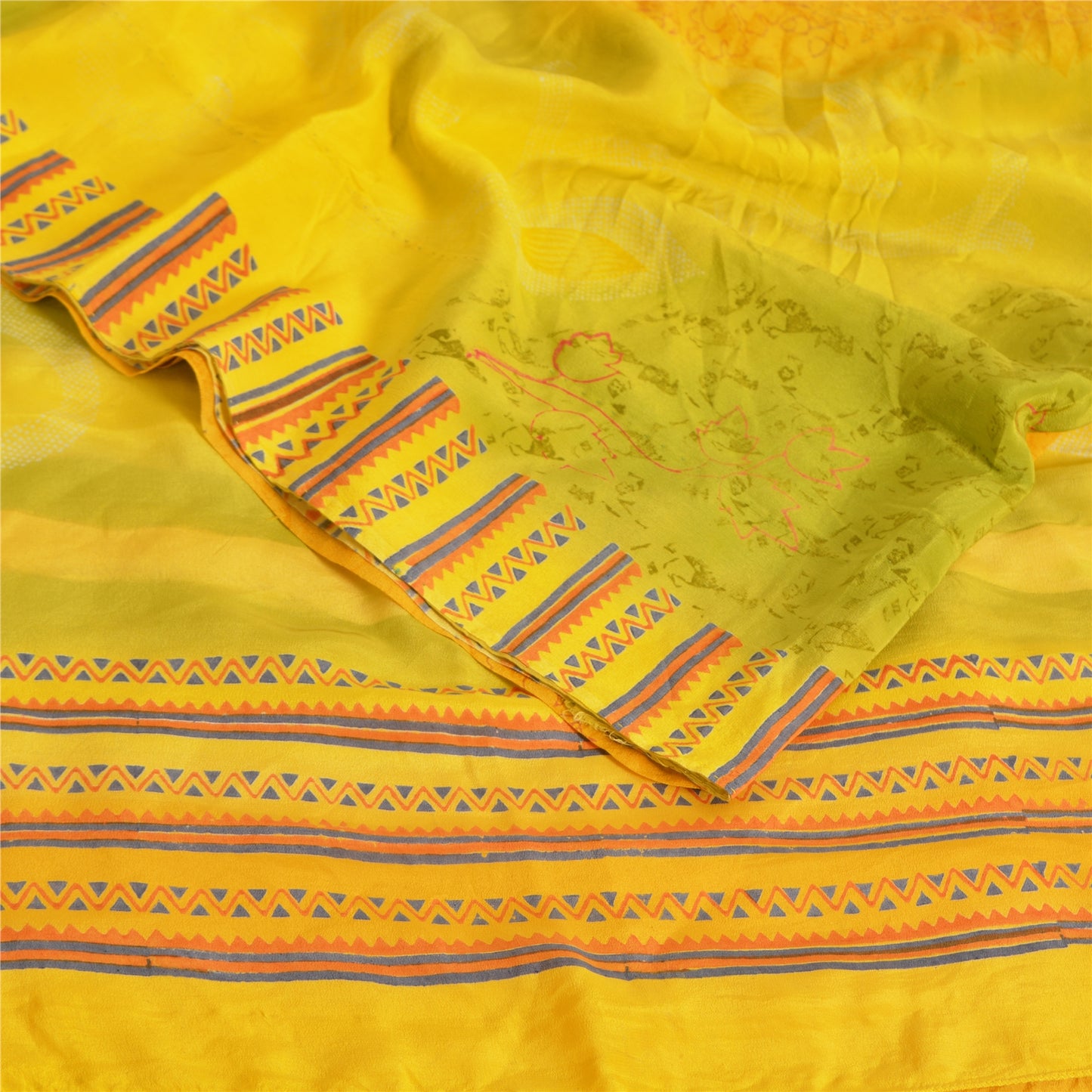 Sanskriti Vintage Sarees Yellow/Green Pure Crepe Printed Sari 5yd Craft Fabric