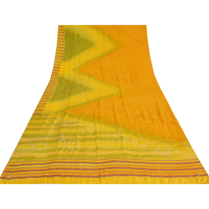 Sanskriti Vintage Sarees Yellow/Green Pure Crepe Printed Sari 5yd Craft Fabric