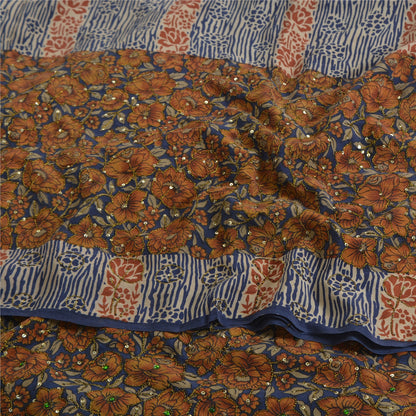 Sanskriti Vintage Sarees Blue 100% Pure Crepe Silk Printed Sari 5yd Craft Fabric