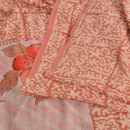 Sanskriti Vintage Sarees Peach 100%Pure Crepe Silk Printed Sari 5yd Craft Fabric