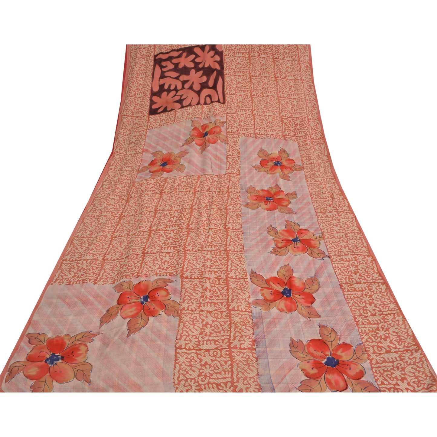 Sanskriti Vintage Sarees Peach 100%Pure Crepe Silk Printed Sari 5yd Craft Fabric