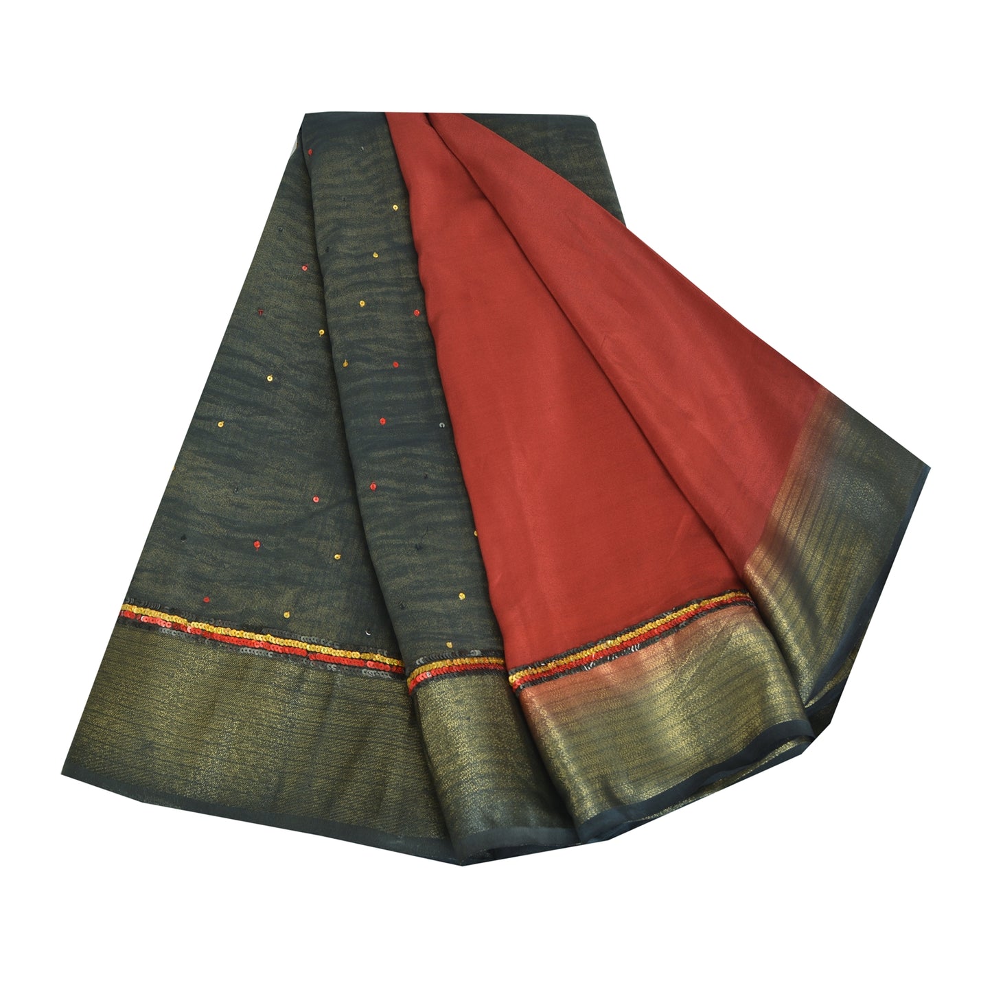 Sanskriti Vintage Sarees Red Pure Crepe Silk Hand Beaded Woven Sari Craft Fabric