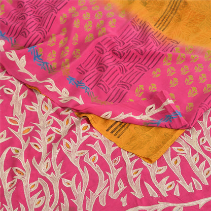 Sanskriti Vintage Sarees Yellow/Pink Pure Crepe Silk Print Sari 5yd Craft Fabric