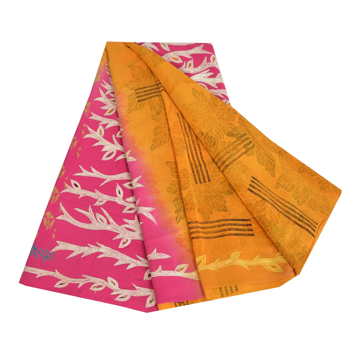 Sanskriti Vintage Sarees Yellow/Pink Pure Crepe Silk Print Sari 5yd Craft Fabric