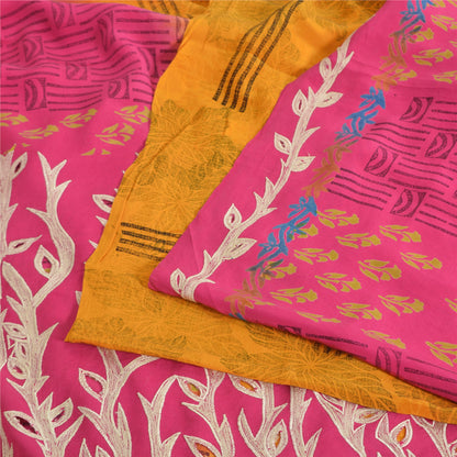 Sanskriti Vintage Sarees Yellow/Pink Pure Crepe Silk Print Sari 5yd Craft Fabric