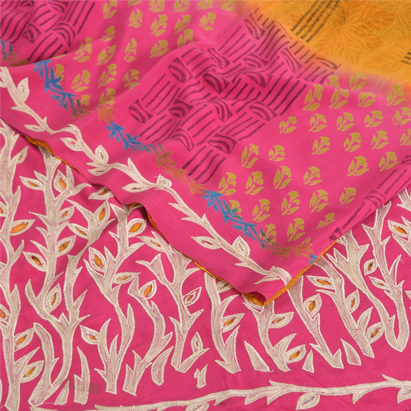 Sanskriti Vintage Sarees Yellow/Pink Pure Crepe Silk Print Sari 5yd Craft Fabric