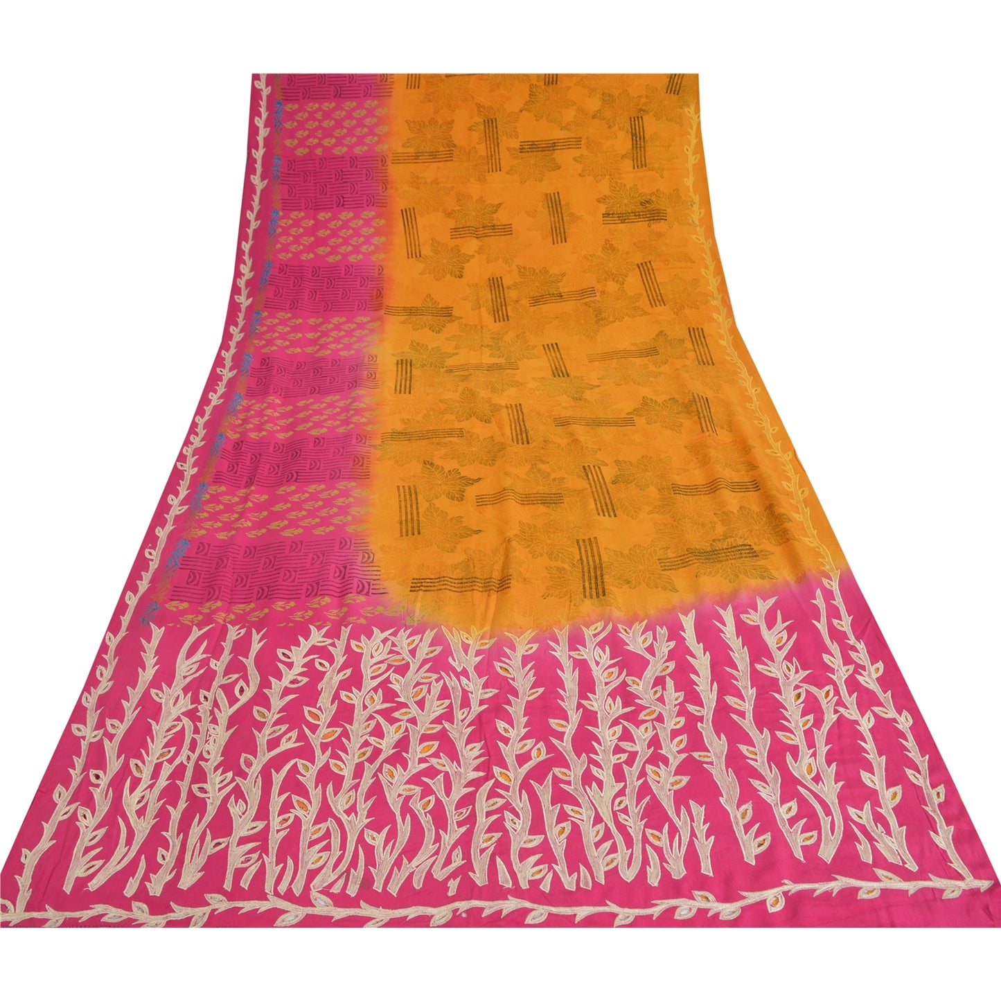 Sanskriti Vintage Sarees Yellow/Pink Pure Crepe Silk Print Sari 5yd Craft Fabric