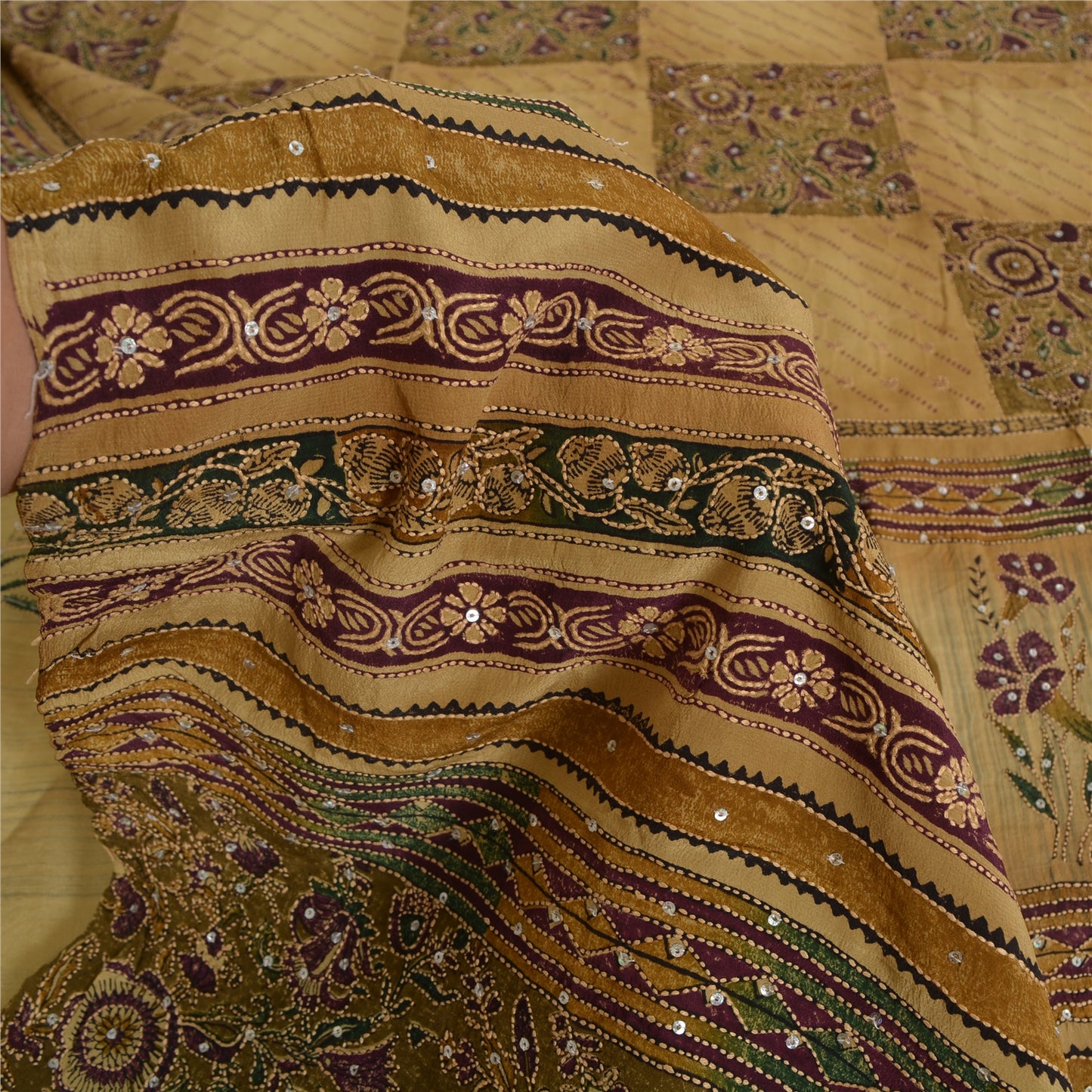 Sanskriti Vintage Sarees Cream Hand Beaded Kantha Pure Crepe Printed Sari Fabric