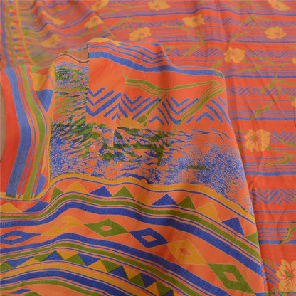 Sanskriti Vintage Sarees Orange Pure Crepe Silk Printed Sari 5yd Craft Fabric