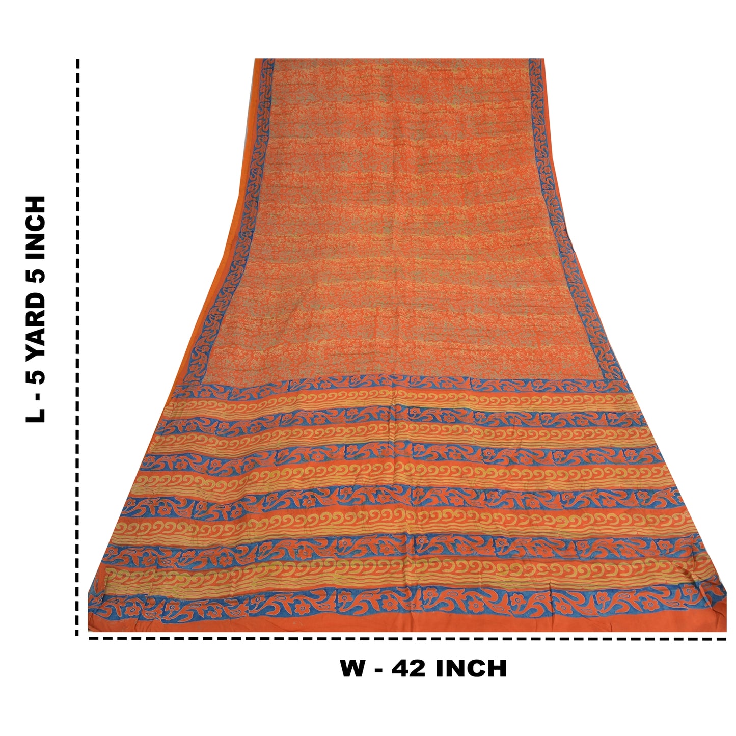 Sanskriti Vintage Sarees Orange/Blue Pure Crepe Printed Sari 5yd Craft Fabric