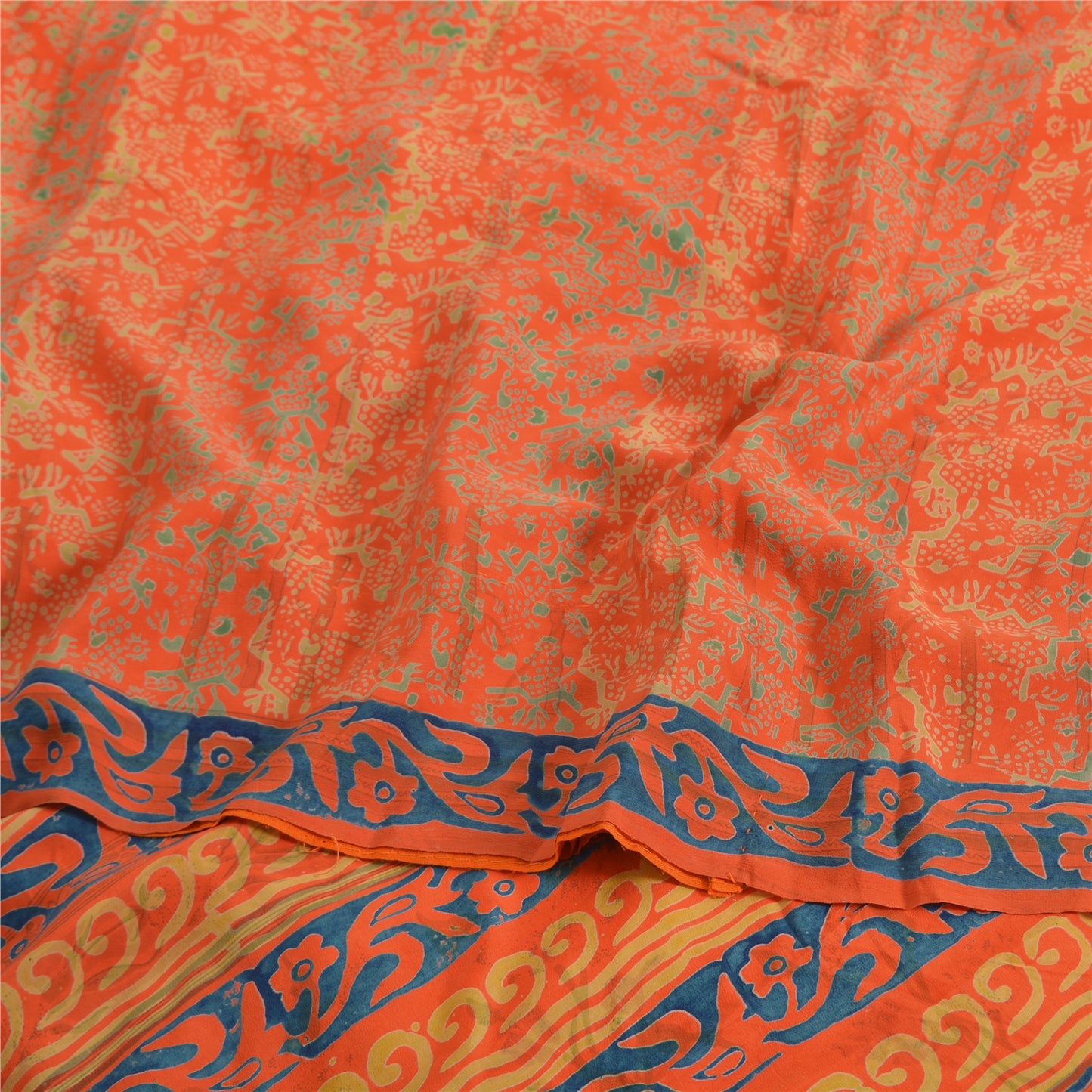 Sanskriti Vintage Sarees Orange/Blue Pure Crepe Printed Sari 5yd Craft Fabric