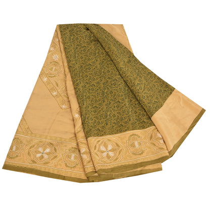 Sanskriti Vintage Sarees Green/Cream Pure Crepe Printed Sari 5yd Craft Fabric